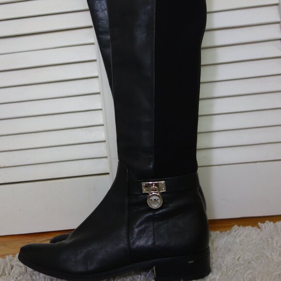 MICHAEL KORS HAMILTON GOLD PADLOCK LOGO TALL RIDING BOOTS  Michael Kors Women\'s Hamilton Knee Boots - size 5.5